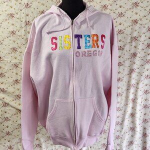 Woman's Pink Jerzees Hooded Zip Up Sweatshirt Sisters Oregon size 2XL Sparkle